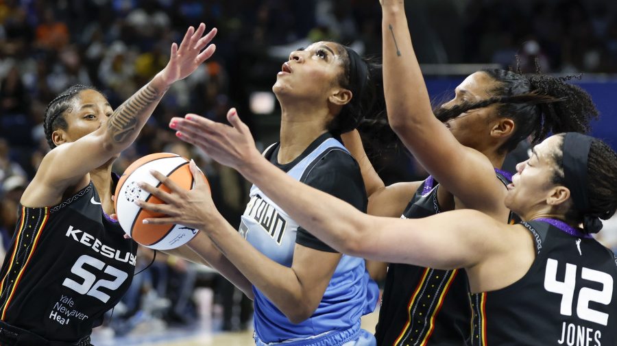 Reuters - May 25, 2024; Chicago, Illinois, USA; Chicago Sky forward Angel Reese (5) goes to the basket against the Connecticut Sun during the second half of a WNBA game at Wintrust Arena. Mandatory Credit: Kamil Krzaczynski-USA TODAY Sports