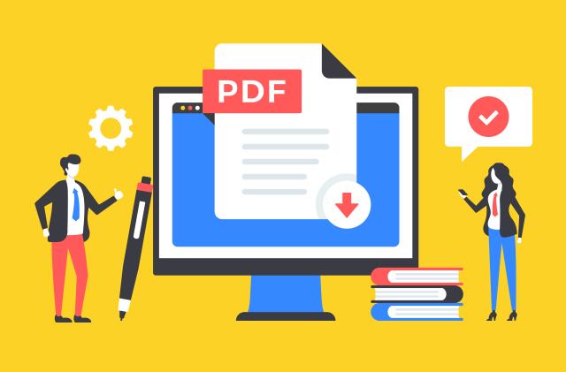 Download PDF document. People and PDF file with download arrow on screen. Downloading concepts. Modern graphic elements set. Vector illustration