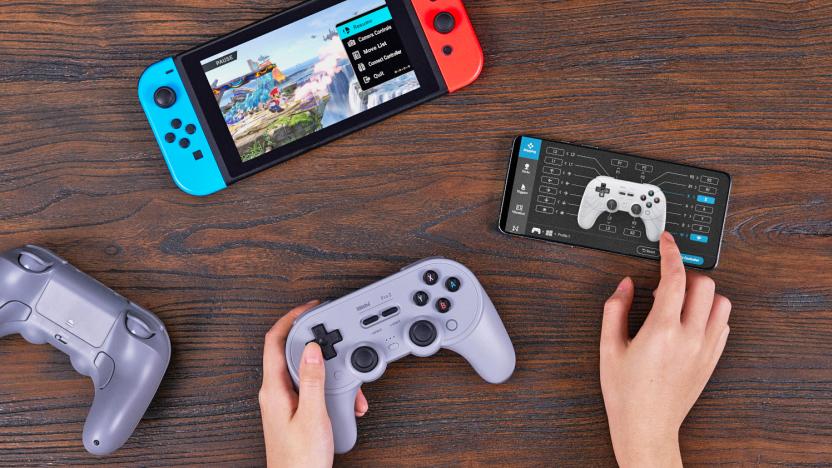 The 8BitDo wireless controller flanked by a Switch, a smartphone with controller setup graphics and two hands working the device.