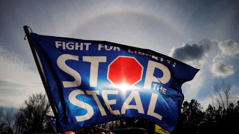 A "Stop the Steal" flag flies outside a campaign rally with U.S. President Donald Trump and Republican U.S. Senator Kelly Loeffler on the eve of Georgia’s run-off election in Dalton, Georgia, U.S., January 4, 2021.   REUTERS/Brian Snyder