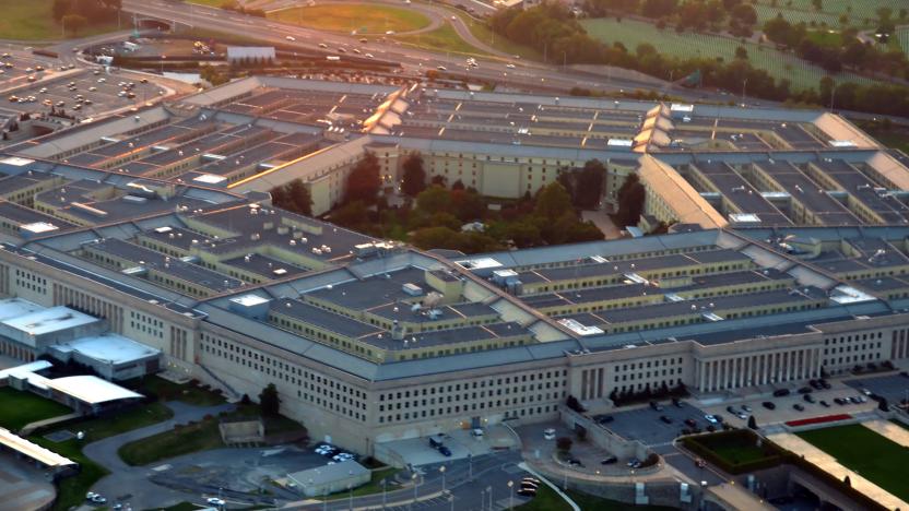 US pentagon building aerial view at sunset