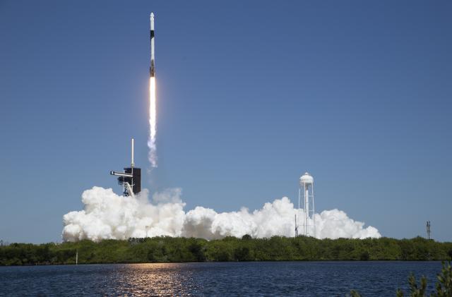 CAPE CANAVERAL, FL - APRIL 8: In this NASA handout, A SpaceX Falcon 9 rocket lifts off from launch complex 39A carrying the Crew Dragon spacecraft on a commercial mission managed by Axion Space at  Kennedy Space Center April 8, 2022 in Cape Canaveral, Florida. The first fully private crew on an 10-day mission to the International Space Station is commanded by former NASA astronaut Michael Lopez-Alegria ,who works for Axiom, paying passengers Larry Connor, Pilot, Mark Pathy and Eytan Sibbe.  (Photo by Joel Kowsky/NASA via Getty Images)