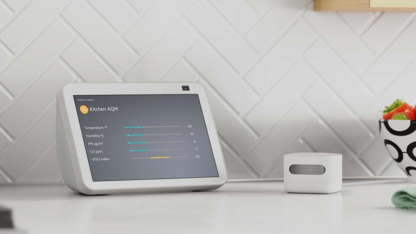 Amazon Smart Air Quality Monitor next to Echo Show 8