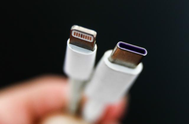 Lightning and USB-C cables are seen in this illustration photo taken in Krakow, Poland on September 25, 2021. (Photo by Jakub Porzycki/NurPhoto via Getty Images)