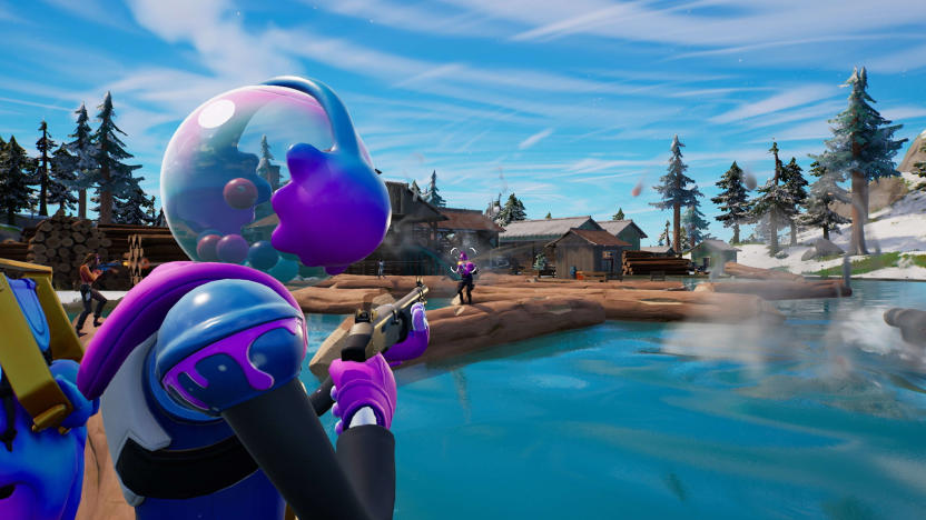 A character aiming at an enemy in Fortnite.