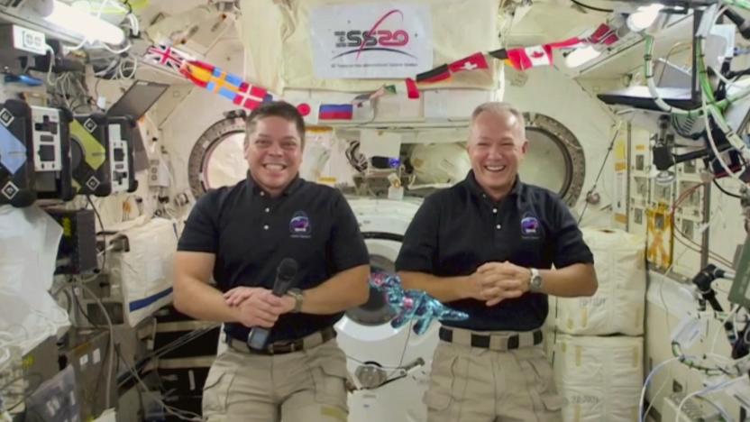 LOS ANGELES - JUNE 25: James chats with SPACEX Astronauts, Bob Behnken and Doug Hurley from his garage on THE LATE LATE SHOW WITH JAMES CORDEN, scheduled to air Thursday June 25, 2020 (12:37-1:37 AM, ET/PT) on the CBS Television Network. Image is a screen grab. (Photo by CBS via Getty Images)