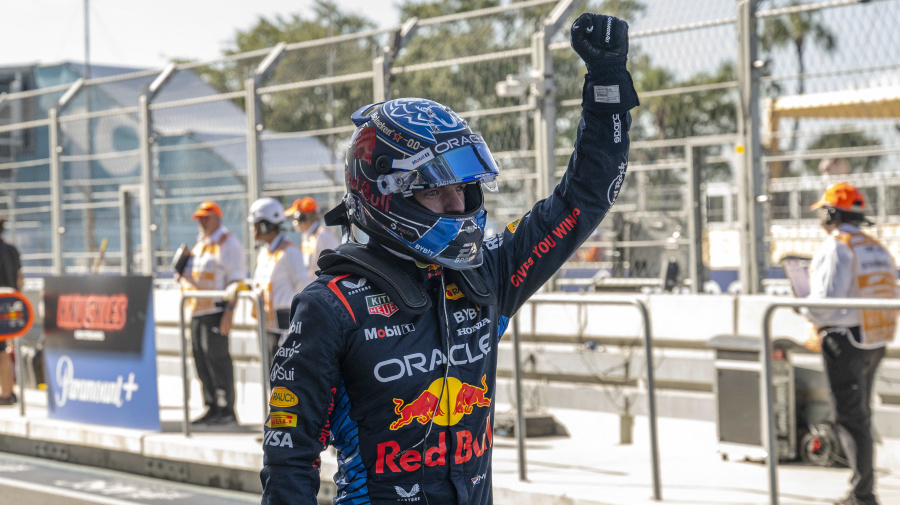 Getty Images - Red Bull Racing's Dutch driver Max Verstappen celebrates the pole position after the qualifying session for the 2024 Miami Formula One Grand Prix at Miami International Autodrome in Miami Gardens, Florida, on May 4, 2024. (Photo by Jim WATSON / AFP) (Photo by JIM WATSON/AFP via Getty Images)