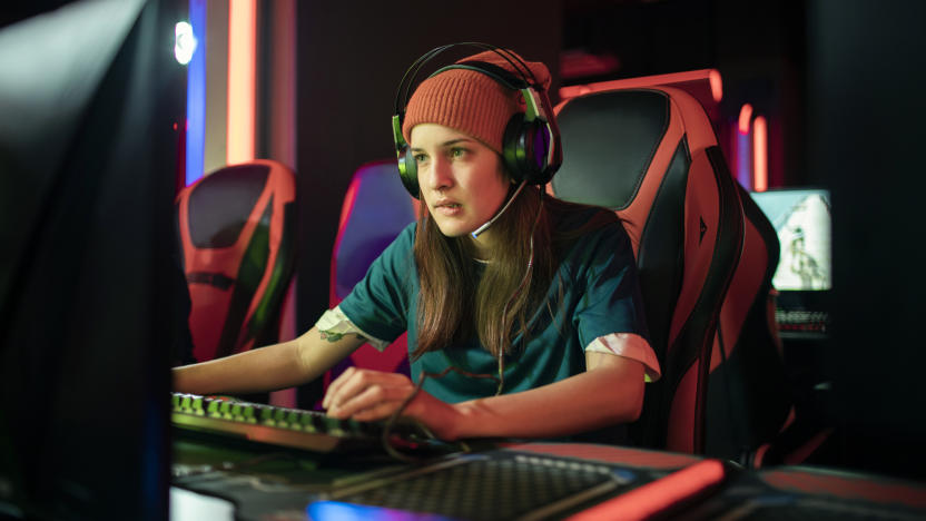 Close up of a female eSports team competing in an eSports tournament at an eSports Venue