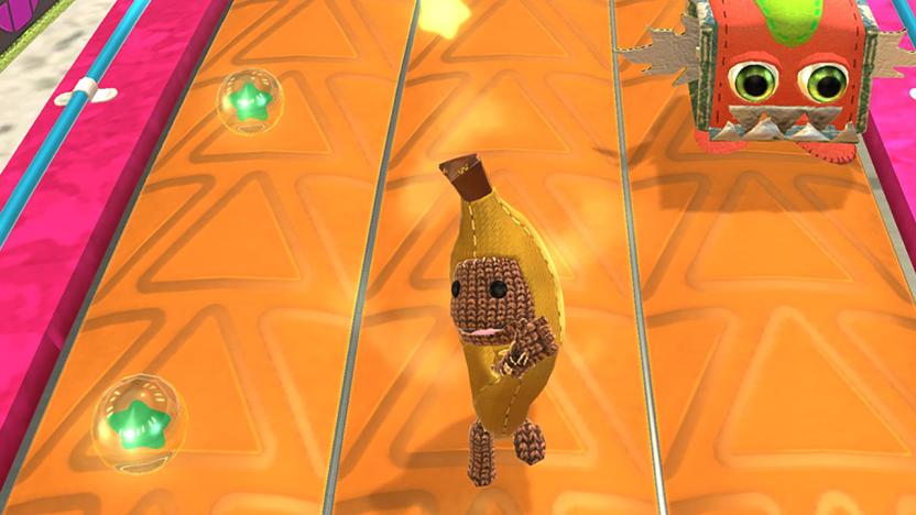 Gameplay still from the upcoming 'Ultimate Sackboy,' featuring the mascot in a banana suit waving at the camera.