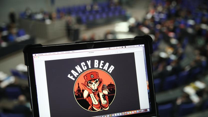 BERLIN, GERMANY - MARCH 01:  In this photo illustration artwork found on the Internet showing Fancy Bear is seen on the computer of the photographer during a session in the plenary hall of the Bundestag, the German parliament, on March 1, 2018 in Berlin, Germany. German authorities announced yesterday that administrative computers of the German government, including those of government ministries and parliament, had been infiltrated with malware. Authorities said they suspect the Russian hacker group APT28, also known as Fancy Bear.  (Photo by Sean Gallup/Getty Images)