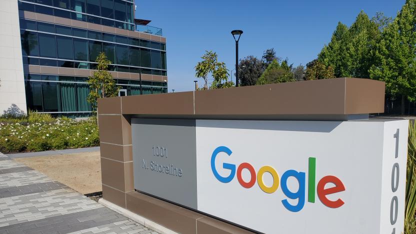 A sign is pictured outs a Google offcie near the company's headquarters in Mountain View, California, U.S., May 8, 2019.  Photo taken May 8, 2019.  REUTERS/Dave Paresh