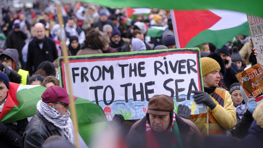 BRUSSELS, BELGIUM - JANUARY 21: About 9,000 people take part in a demonstration between the 'Gare du Nord' and the 'Place Jean Rey' on January 21, 2024, in Brussels, Belgium. People hold a placard with 'From the river to the sea » written. A national march bringing together around 9,000 people (according to figures from the Brussels-Capital) was held this Sunday afternoon to demand from Belgium "concrete actions to obtain a ceasefire in Gaza and ensure justice for the Palestinian people." (Photo by Thierry Monasse/Getty Images)