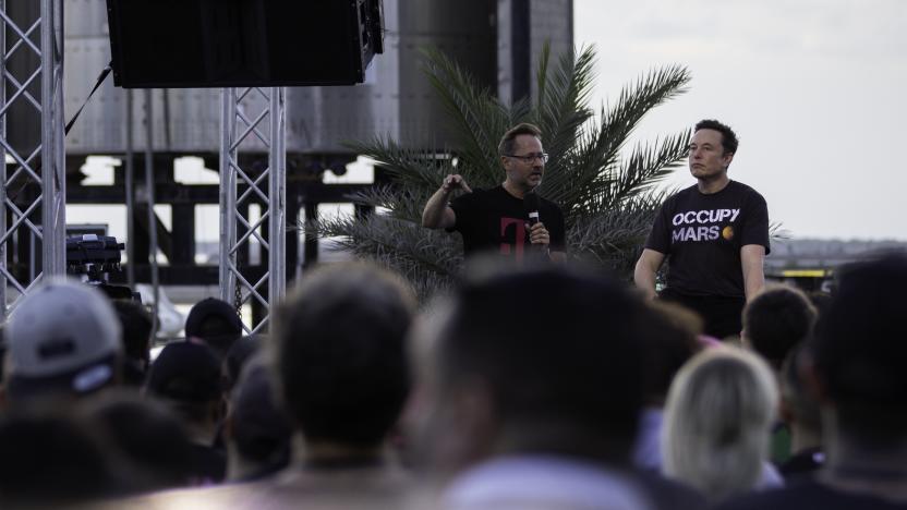 BOCA CHICA BEACH, TX - AUGUST 25: SpaceX founder Elon Musk and T-Mobile CEO Mike Sievert on stage during a T-Mobile and SpaceX joint event on August 25, 2022 in Boca Chica Beach, Texas. The two companies announced plans to work together to provide T-Mobile cellular service using Starlink satellites. (Photo by Michael Gonzalez/Getty Images)