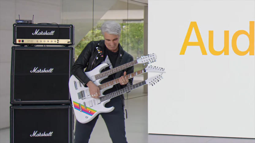 Craig Federighi playing a triple-necked guitar