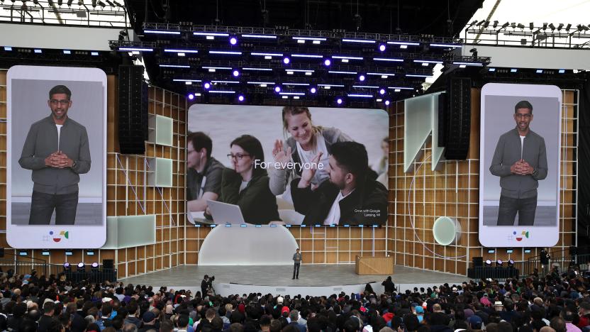 Google CEO Sundar Pichai speaks during the Google I/O 2019 keynote session at Shoreline Amphitheatre in Mountain View, California on May 7, 2019. (Photo by Josh Edelson / AFP)        (Photo credit should read JOSH EDELSON/AFP via Getty Images)