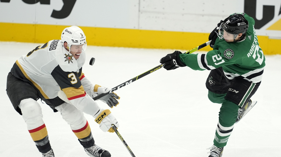 Associated Press - Vegas Golden Knights defenseman Brayden McNabb (3) breaks up a shot by Dallas Stars left wing Jason Robertson (21) in the third period in Game 1 of an NHL hockey Stanley Cup first-round playoff series in Dallas, Monday, April 22, 2024. (AP Photo/Tony Gutierrez)