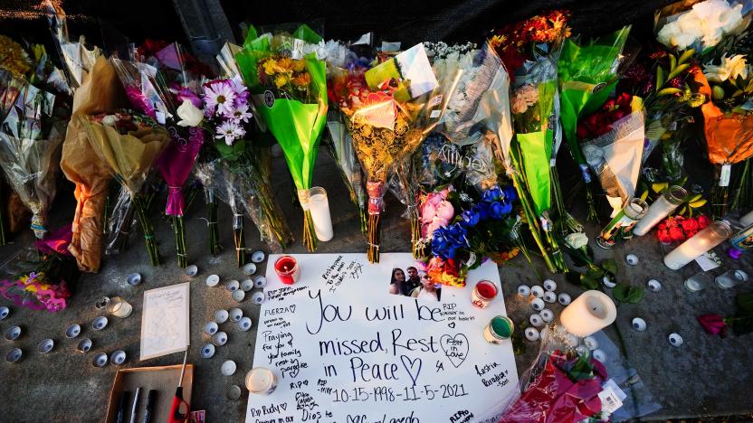 HOUSTON, TX - NOVEMBER 07: Letters, candles and flowers are seen outside of the canceled Astroworld festival at NRG Park on November 7, 2021 in Houston, Texas. According to authorities, eight people died and 17 people were transported to local hospitals after what was described as a crowd surge at the Astroworld festival, a music festival started by Houston-native rapper and musician Travis Scott in 2018. (Photo by Alex Bierens de Haan/Getty Images)