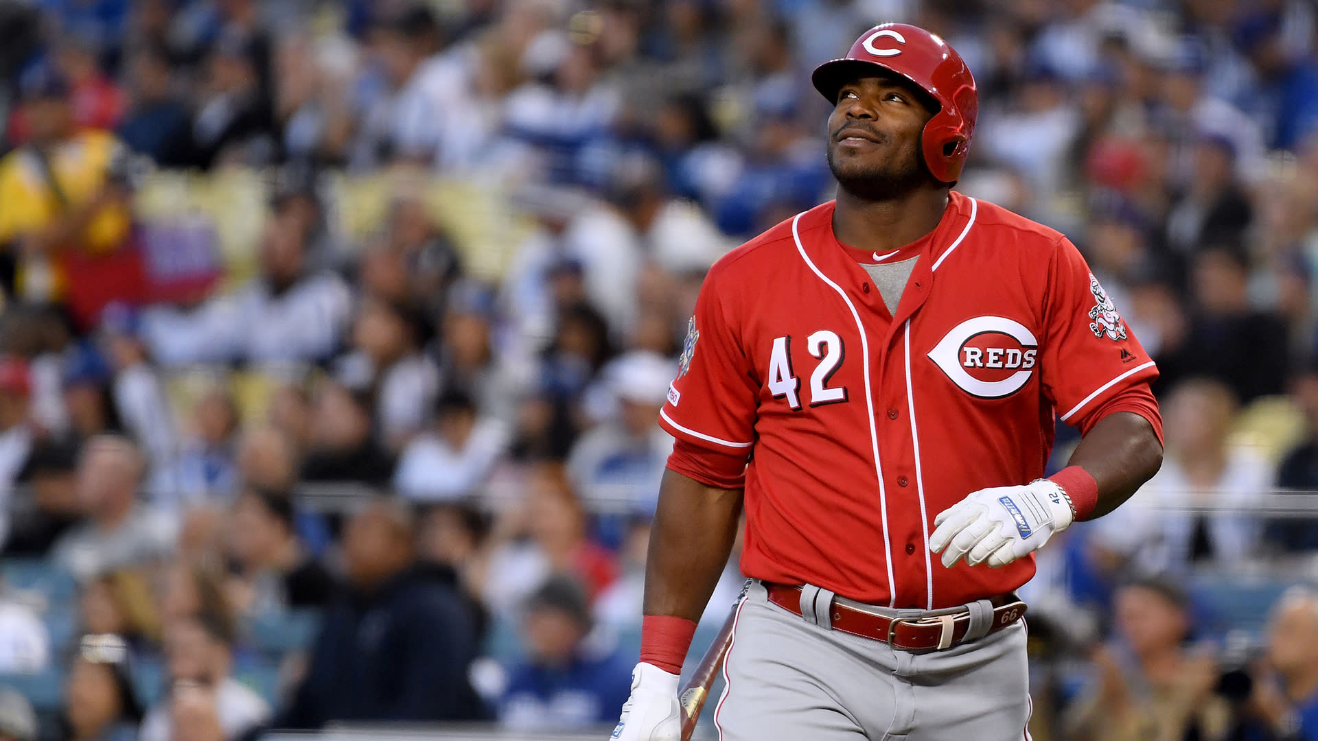Los Angeles, California, USA. 15th Apr, 2019. Yasiel Puig #42 of the  Cincinnati Reds takes his turn at bat during the first inning against the  Los Angeles Dodgers on Jackie Robinson Day
