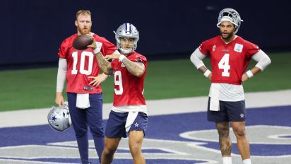 Getty Images - FRISCO, TX - MAY 22: Dallas Cowboys quarterbacks Cooper Rush (10) and Dak Prescott (4) watch Trey Lance (19) pass during the Dallas Cowboys OTAs on May 22, 2024 at The Star in Frisco, TX. (Photo by George Walker/Icon Sportswire via Getty Images)