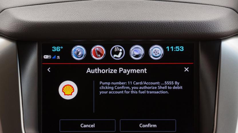 GM's Marketplace dashboard app, showing a payment screen for a gas pump.