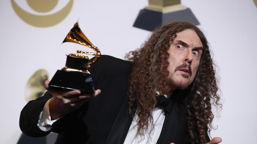 61st Grammy Awards - Photo Room - Los Angeles, California, U.S., February 10, 2019 - Weird Al Yankovic poses backstage with his Best Boxed or Special Limited Edition Package award for "Squeeze Box: The Complete Words of 'Weird Al' Yankovic." REUTERS/Mario Anzuoni