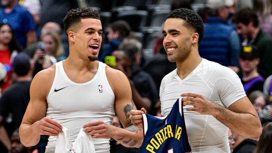 Getty Images - DENVER, COLORADO - MARCH 11: Michael Porter Jr. #1 of the Denver Nuggets and Jontay Porter #34 of the Toronto Raptors swap jerseys after a game at Ball Arena on March 11, 2024 in Denver, Colorado. NOTE TO USER: User expressly acknowledges and agrees that, by downloading and or using this photograph, User is consenting to the terms and conditions of the Getty Images License Agreement.  (Photo by Dustin Bradford/Getty Images)