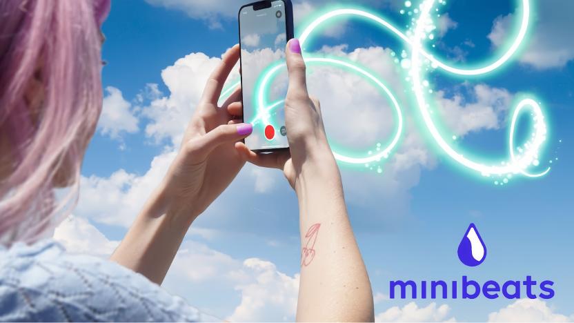 Marketing image for the Minibeats AR music-creation app, showing a woman holding a phone up to the sky as a laser etching twists and turns in the air and on the phone's screen. A logo (bottom right) says minibeats.