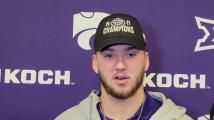 Kansas State football tight end Ben Sinnott talks to reporters after the Iowa State game