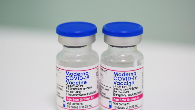 ORLANDO, FLORIDA, UNITED STATES - 2022/06/24: Blue-capped vials of the two-dose Moderna Covid-19 vaccine for children between 6 months and five years are seen at Nona Pediatric Center in Orlando. On June 18, 2022, the Centers for Disease Control and Prevention (CDC) recommended that all children six months to 5 years of age can receive a COVID-19 vaccine. Florida Governor Ron DeSantis has refused to order vaccine doses for state health departments, making Florida the only state not providing the vaccine for young kids. (Photo by Paul Hennessy/SOPA Images/LightRocket via Getty Images)