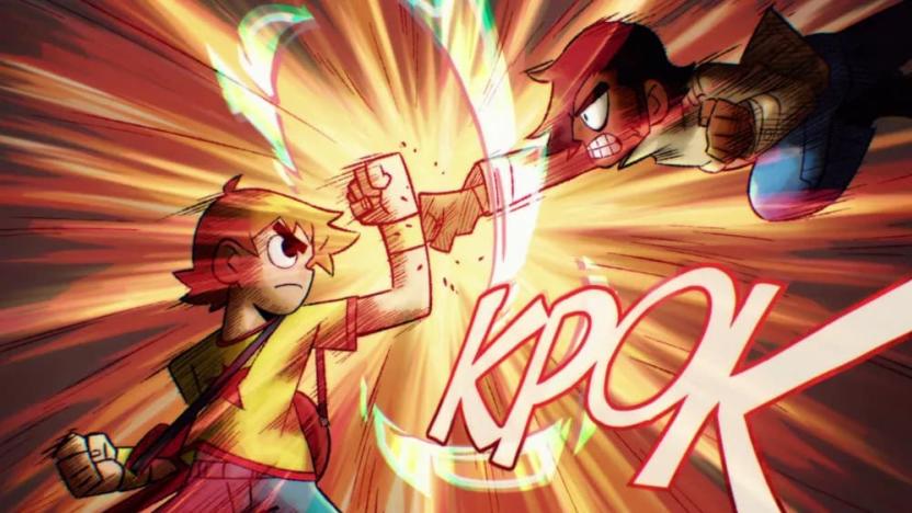 A frame from the Scott Pilgrim Takes Off anime. A young male character uses his forearm to block a flying attack from another. There's an explosion graphic in the background and the onomatopoeic term "KPOK" is shown in large lettering.