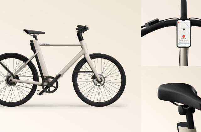 Marketing photo of the Cowboy Cruiser e-bike split into a main panel (left, showing the full bike), top-right box showing the handlebar view with mounted phone and lower-right box revealing its wide saddle.