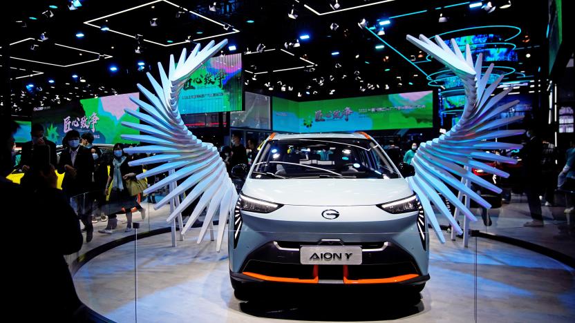 A GAC Aion Y electric vehicle (EV) is seen displayed at the booth of GAC Group during a media day for the Auto Shanghai show in Shanghai, China April 19, 2021. 