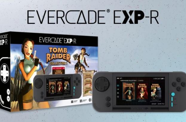 Evercade EXP-R handheld console and Tomb-Raider-themed box