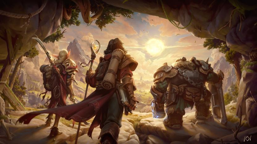 Fantasy art, showing three figures from behind, overlooking a bright world. On the left appears to be an elf, a human in the center and a dwarf paladin on the right.