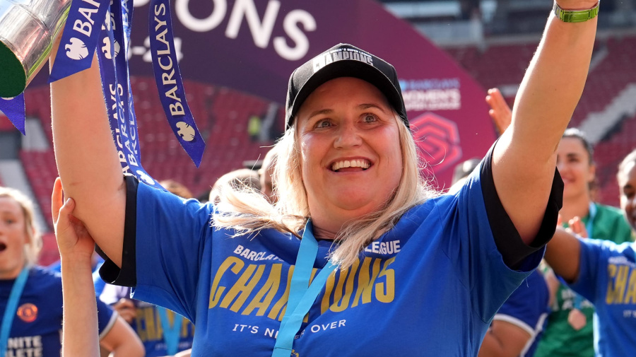 Getty Images - Chelsea manager Emma Hayes celebrates with the trophy after winning the Barclays Women's Super League and her final match as manager of the club at Old Trafford, Manchester. Picture date: Saturday May 18, 2024. (Photo by Martin Rickett/PA Images via Getty Images)