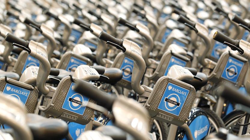 New bicycles for hire stand in rows after being assembled at a storage facility in London, July 9, 2010, before the launch of a public bicycle sharing scheme for short journeys on July 30. The scheme, aimed at tackling overcrowding on the capital's commuter networks, is expected to generate an additional 40,000 bicycle journeys per day in the city. REUTERS/Suzanne Plunkett (BRITAIN - Tags: SOCIETY TRANSPORT)