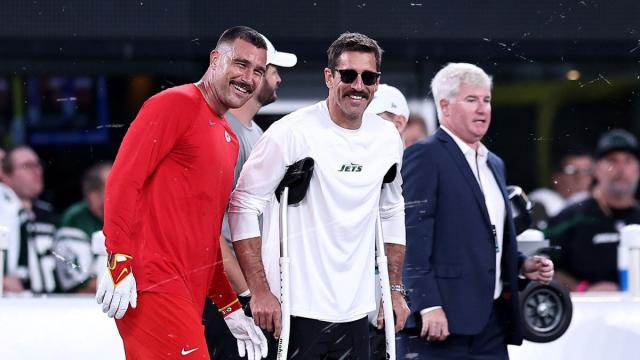 Aaron Rodgers seen on the sidelines during Chiefs-Jets Sunday