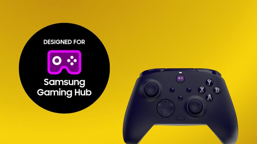 A round logo reading, "Designed for Samsung Gaming Hub" (left) next to a dark blue gamepad (right). Yellow gradient background.