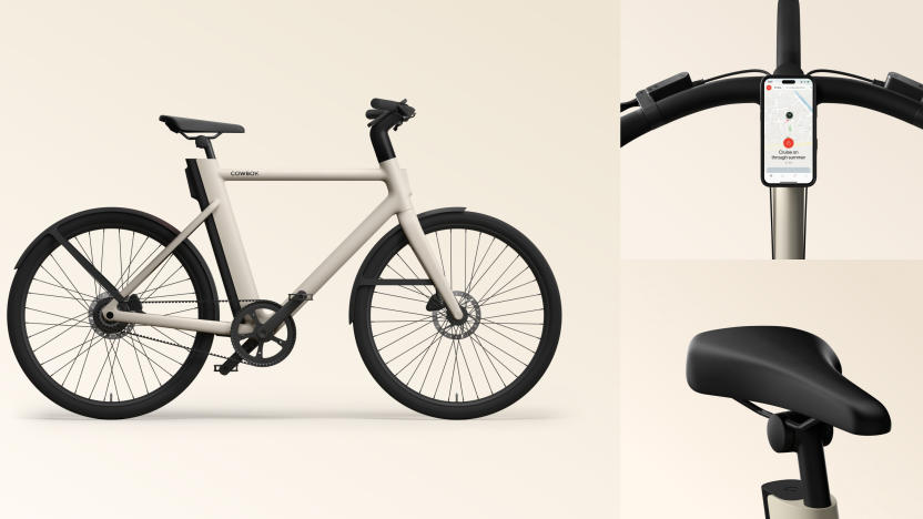 Marketing photo of the Cowboy Cruiser e-bike split into a main panel (left, showing the full bike), top-right box showing the handlebar view with mounted phone and lower-right box revealing its wide saddle.