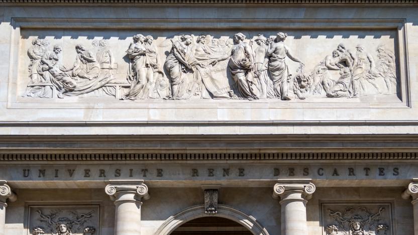 Paris, France - April 11, 2019: Rene Descartes medical university frontage in Quartier Latin.