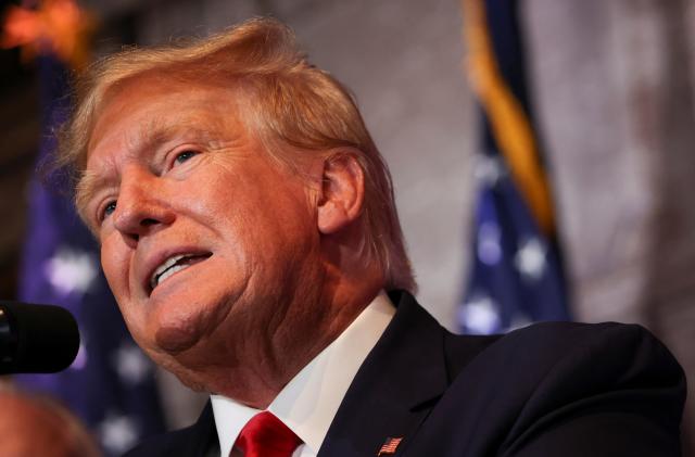 Former U.S. President Donald Trump speaks during a campaign stop to unveil his leadership team, at the South Carolina State House in Columbia, South Carolina, U.S., January 28, 2023. REUTERS/Shannon Stapleton