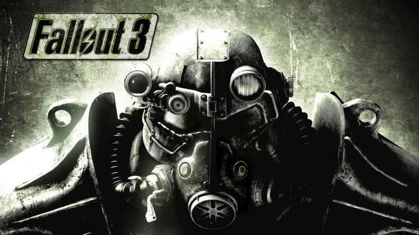 Promotional artwork for Fallout 3. An imposing figure in post-apocalyptic gas mask glares into the camera. Closeup.