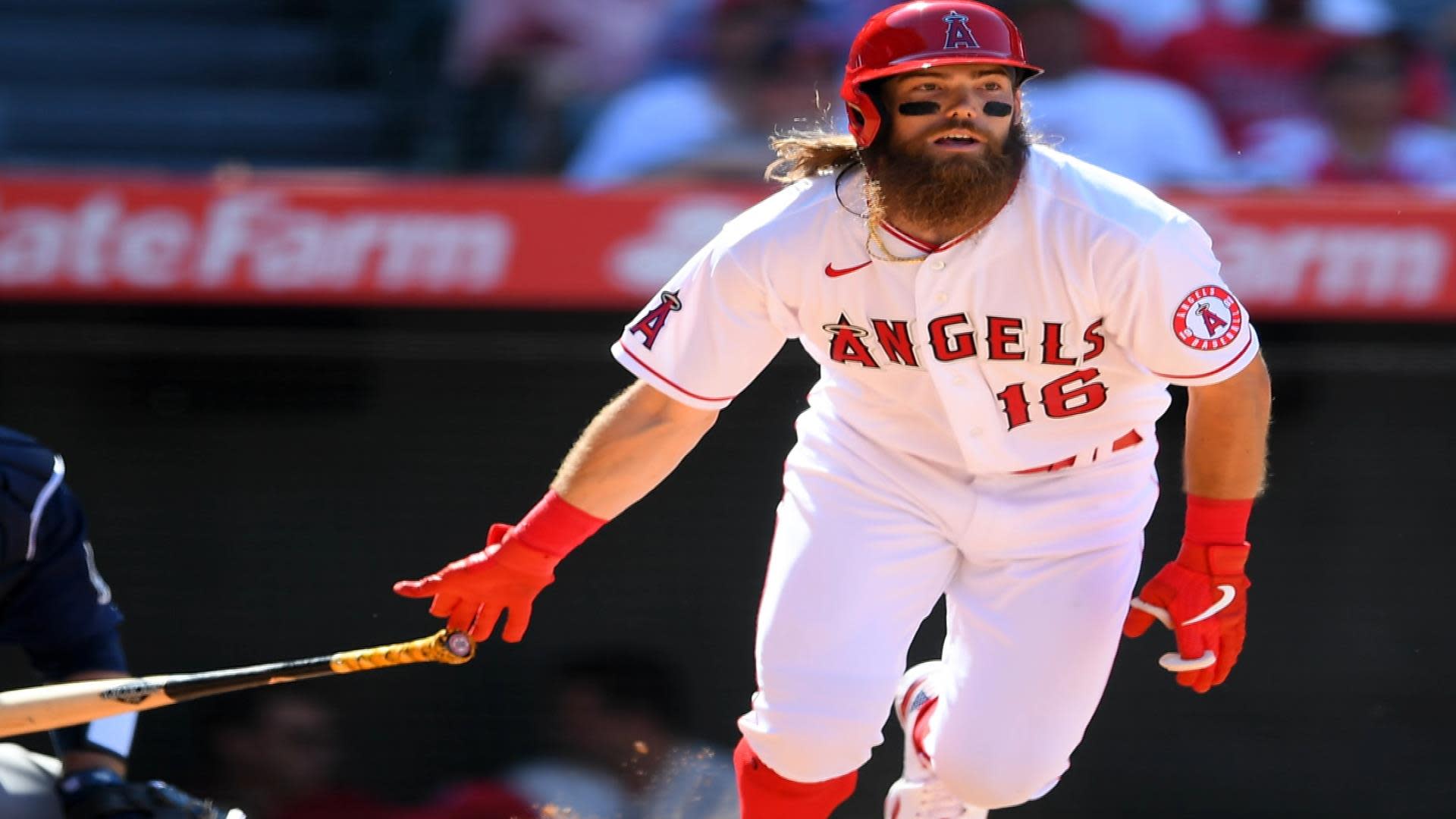 Los Angeles Angels center fielder Brandon Marsh (16) looks on