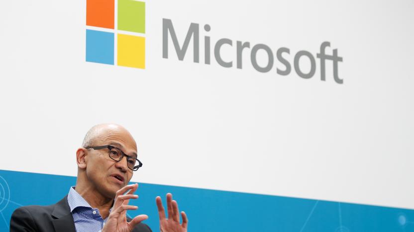 BERLIN, GERMANY - FEBRUARY 27: CEO of Microsoft Satya Nadella and CEO of Volkswagen, Herbert Diess (not seen) attend a session during their visit to Volkswagen Digital Lab in Berlin, Germany on February 27, 2019. (Photo by Abdulhamid Hosbas/Anadolu Agency/Getty Images)