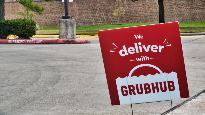 Humble, Texas/USA 01/01/2020: Grubhub sign posted in the ground near some local businesses in Humble, TX. Grubhub is an online fast food delivery service that is becoming increasingly popular in the US.