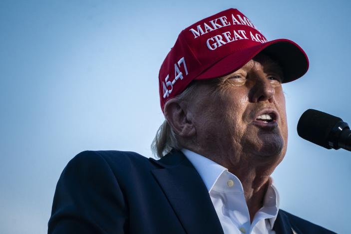 Doral, FL - July 9 : Republican presidential candidate former president Donald Trump speaks at a campaign rally held at his golf club Trump National Doral Miami in Doral, FL on Thursday, July 09, 2024. (Photo by Jabin Botsford/The Washington Post via Getty Images)