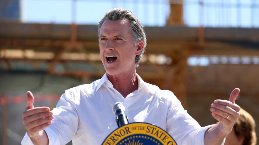 ANTIOCH, CALIFORNIA - AUGUST 11: California Gov. Gavin Newsom speaks to reporters during a visit the Antioch Water Treatment Plant on August 11, 2022 in Antioch, California. California Gov. Gavin Newsom visited a desalination plant that is under construction at the Antioch Water Treatment Plant where he announced water supply actions that the state is taking to adapt to hotter, drier conditions caused by climate change. (Photo by Justin Sullivan/Getty Images)