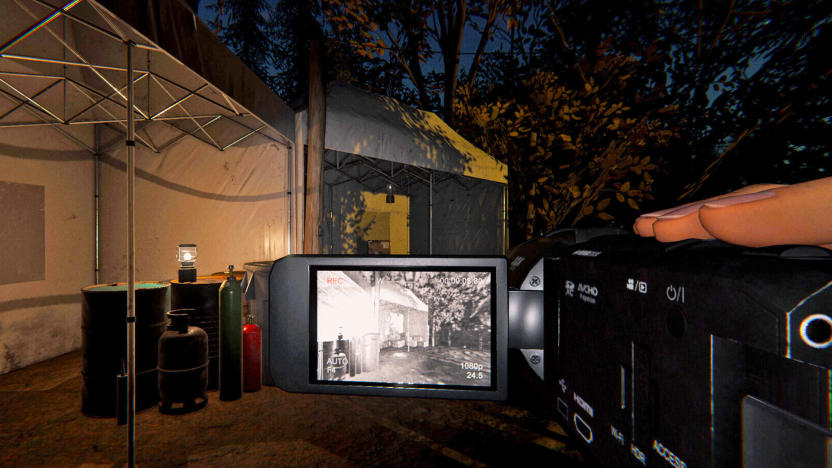 A still image from the video game 'Phasmophobia' showing a POV perspective of something using an old video camera with the viewer flipped out, showing a couple of tents with barrels in them all seen at or just after dusk.