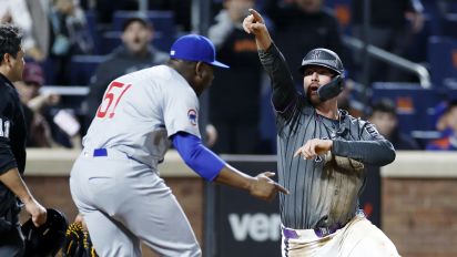 Getty Images - NEW YORK, NEW YORK - MAY 01: Pete Alonso #20 of the New York Mets and Héctor Neris #51 of the Chicago Cubs react after Alonso was called out on a slide into home during the ninth inning at Citi Field on May 01, 2024 in the Queens borough of New York City. The Cubs won 1-0 and Alonso was ruled out after review. (Photo by Sarah Stier/Getty Images)