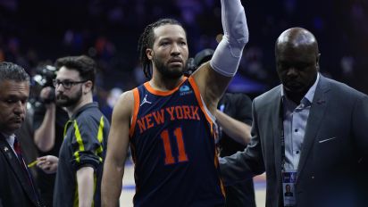 Associated Press - New York Knicks' Jalen Brunson reacts after Game 4 in an NBA basketball first-round playoff series, Sunday, April 28, 2024, in Philadelphia. (AP Photo/Matt Slocum)